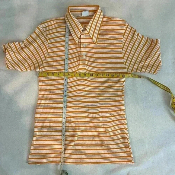 Vintage | Striped 70s Wide Collar Polo - Goldenrod & White / Sz M - Picture 8 of 9